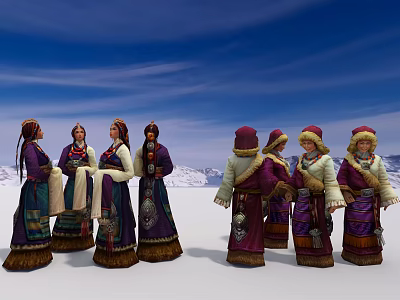 Group of People Wearing Colorful Traditional Clothing Standing in Snowy Environment 3d model