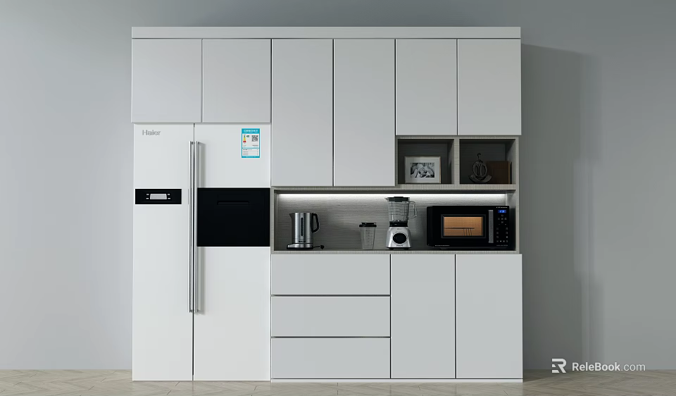 Modern White Sideboard With Cabinetry Drawers Refrigerator Microwave And Coffee Maker 3d model 