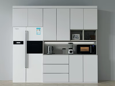 Modern White Sideboard With Cabinetry Drawers Refrigerator Microwave And Coffee Maker 3d model