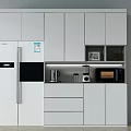 Modern White Sideboard With Cabinetry Drawers Refrigerator Microwave And Coffee Maker