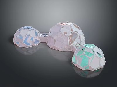 Geometric Transparent Polyhedron Spheres with Pastel Colors and Grid Patterns on Black Surface with Reflections 3d model