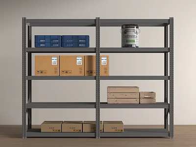 Gray Multi-layer Storage Shelf with Blue Boxes Brown Cartons and Can 3d model