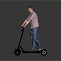 Man Riding Electric Scooter in Pink Shirt and Blue Jeans on Gray Background