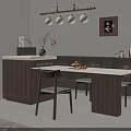 Modern Dining Table Set with Wooden Chairs Sideboard Pendant Lights Wall Art and Fresh Fruits