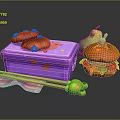 Colorful Decorated Food Items in Purple Lunch Box with Large Hamburger and Chopsticks