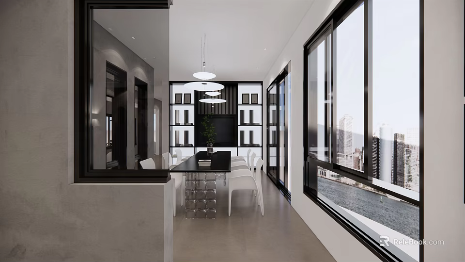 Modern Dining Room Interior With Large Windows City View And White Chairs 3d model 