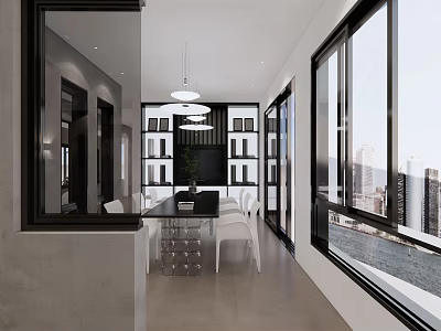 Modern Dining Room Interior With Large Windows City View And White Chairs 3d model