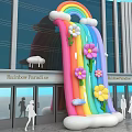Inflatable Rainbow Arch Decoration With Colorful Flowers And Clouds For Building Entrance