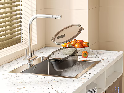 Modern Kitchen Countertop with Sink Faucet Covered Pot and Fruit Bowl 3d model