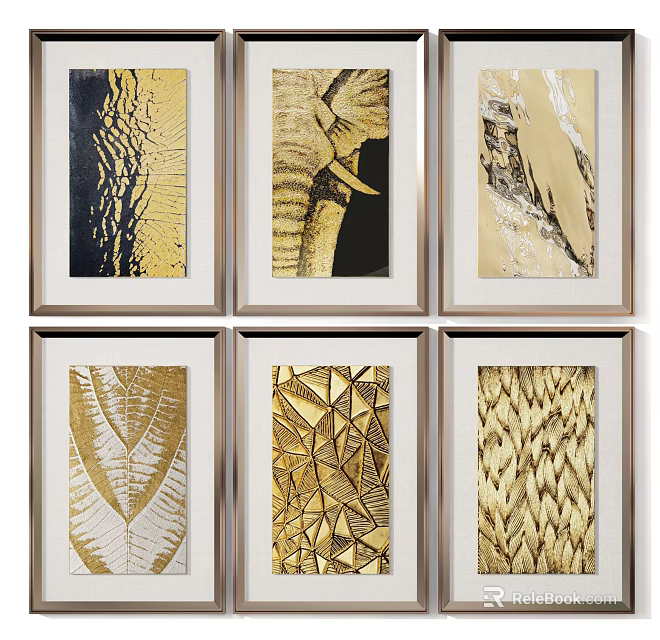 Gold And Black Decorative Wall Art With Elephant Leaf Geometric Patterns In Frames 3d model