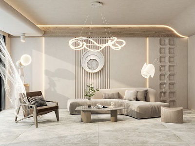 Quiet living room cream-shaped light grille living room sofa wall 3d model