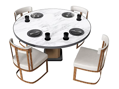 Elegant Round Dining Table Set With Marble Top And Wooden Frame Upholstered Chairs 3d model