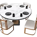 Elegant Round Dining Table Set With Marble Top And Wooden Frame Upholstered Chairs