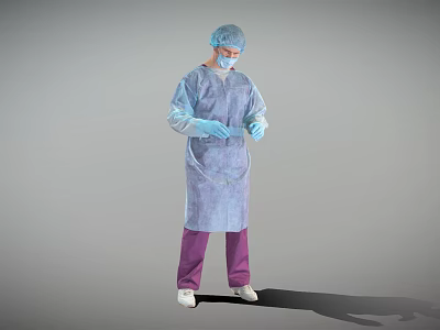 Man Wearing Blue Cap Face Mask Surgical Gown And Gloves With Hands In Front 3d model
