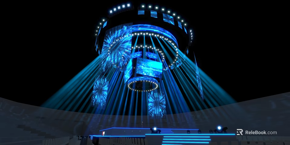 Night Illuminated Architectural Structure With Blue Radial Beams And Firework Decorations 3d model 