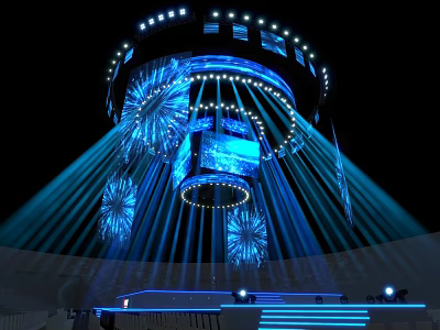 Night Illuminated Architectural Structure With Blue Radial Beams And Firework Decorations 3d model