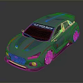 Blue Modified Car With Red Stripes Black Roof Spoiler And Alloy Wheels