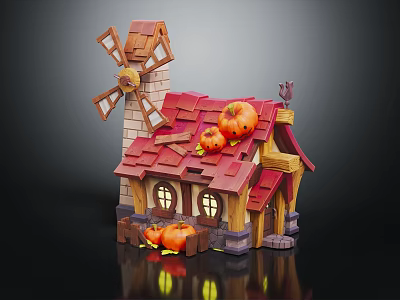 Charming Small Cottage With Windmill Red Roof And Pumpkins On Exterior 3d model