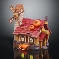 Charming Small Cottage With Windmill Red Roof And Pumpkins On Exterior