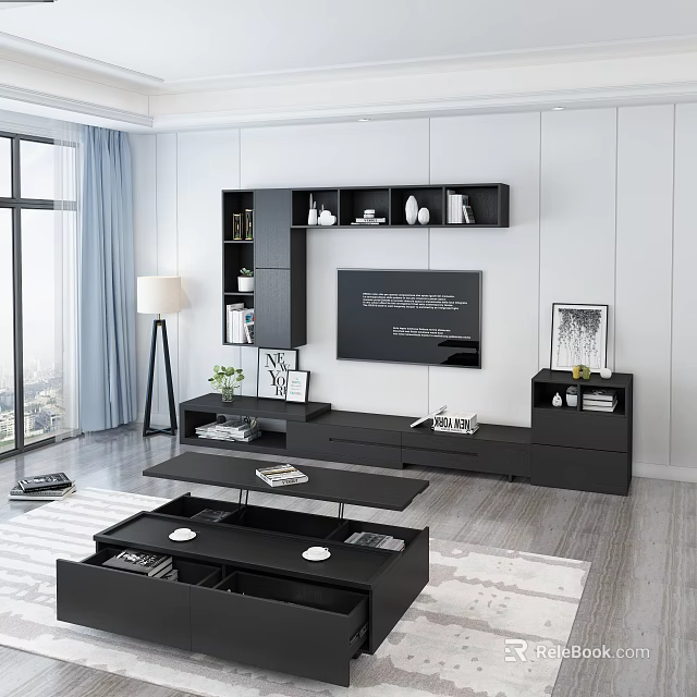 Modern Black TV Stand With TV Storage Shelves And Decorative Items In Living Room 3d model 