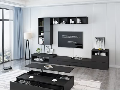 Modern Black TV Stand With TV Storage Shelves And Decorative Items In Living Room 3d model