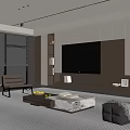 Modern Minimalist Living Room With TV Wall Storage Cabinets Large Windows Area Rug Coffee Table