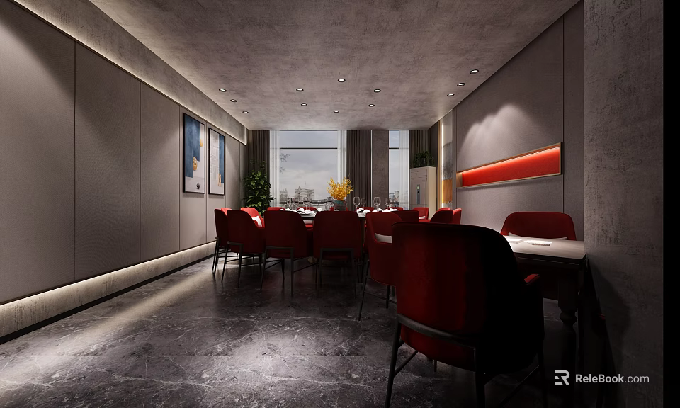 Private Dining Box Interior With Red Chairs Gray Walls Ceiling Lights And Window View 3d model 