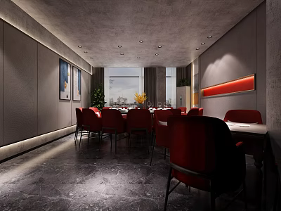 Private Dining Box Interior With Red Chairs Gray Walls Ceiling Lights And Window View 3d model