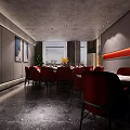 Private Dining Box Interior With Red Chairs Gray Walls Ceiling Lights And Window View