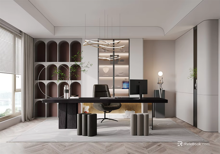 Modern Home Office Interior With Herringbone Rug Black Desk Wooden Shelves And Green Plants 3d model 