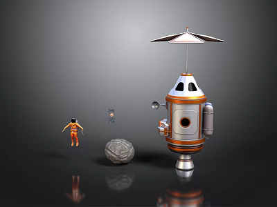 Futuristic Robot With Umbrella And Space Capsule Design Featuring Human Figure Rock And Sphere 3d model