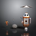 Futuristic Robot With Umbrella And Space Capsule Design Featuring Human Figure Rock And Sphere