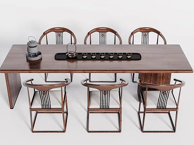 Elegant Traditional Solid Wood Tea Table and Chairs with Tea Tray and Teacups 3d model