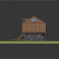 Colorful Roof Wooden House With Orange Walls Ladder Stone Base And Green Grass