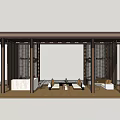 Chinese Style Semi Outdoor Rest Area With Wooden Lattice Doors Sofa And Tea Table Setup