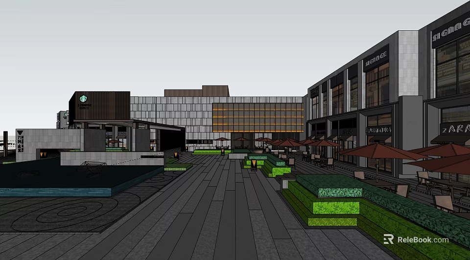 Modern Commercial Complex Featuring Outdoor Plaza Greenery and Umbrella Seating Areas 3d model 