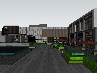 Modern Commercial Complex Featuring Outdoor Plaza Greenery and Umbrella Seating Areas 3d model