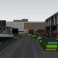 Modern Commercial Complex Featuring Outdoor Plaza Greenery and Umbrella Seating Areas