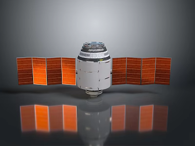 Spacecraft With Orange Solar Panels And Cylindrical Module On Reflective Surface 3d model