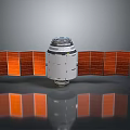 Spacecraft With Orange Solar Panels And Cylindrical Module On Reflective Surface