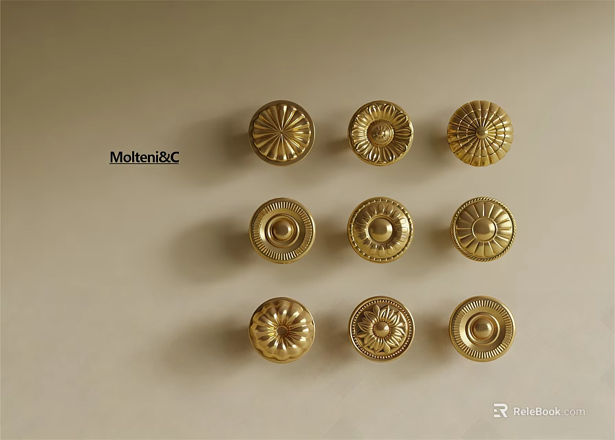 Collection Of Golden Decorative Cabinet Knobs With Various Intricate Patterns For Home Furniture 3d model 