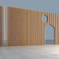 Modern Interior Wooden Wall Structure With Vertical Slats And Circular Cutouts 3d model
