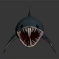 Detailed 3D Blue Shark Model With Open Mouth And Sharp Teeth On Gray Background