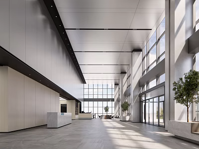 Modern Lobby Interior With Reception Desk Large Windows Plants And Natural Light 3d model