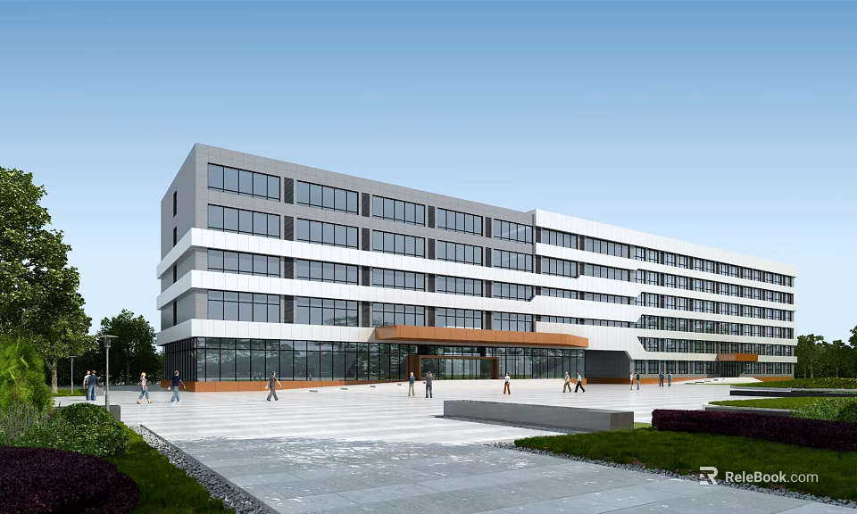 Modern Office Building With Glass Facade Multiple Floors Pedestrian Plaza And Green Landscaping 3d model 