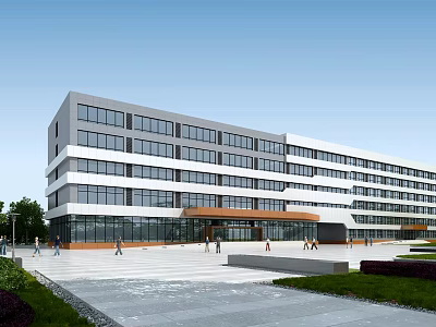 Modern Office Building With Glass Facade Multiple Floors Pedestrian Plaza And Green Landscaping 3d model