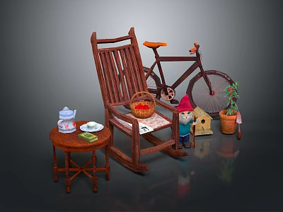 Rustic Rocking Chair Bicycle And Small Table With Tea Set Basket Gnome Potted Plant Birdhouse 3d model