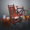 Rustic Rocking Chair Bicycle And Small Table With Tea Set Basket Gnome Potted Plant Birdhouse