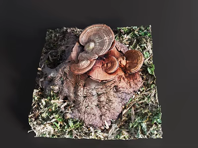 Brown Mushrooms Growing In Natural Environment With Green Moss And Twigs 3d model