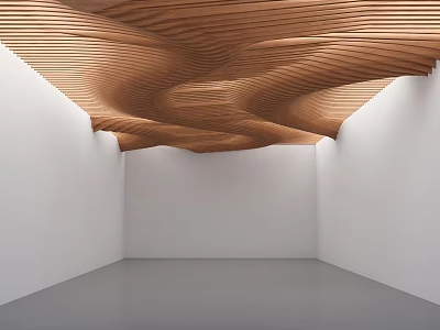 Modern Wooden Curved Ceiling Design With Wavy Slats In Contemporary Interior Space 3d model